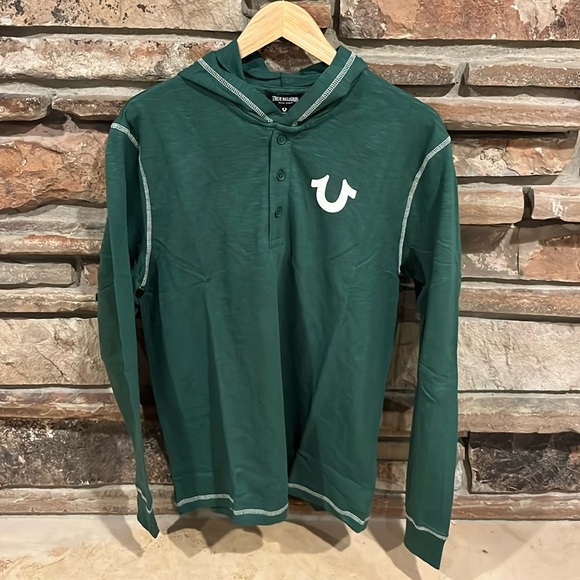 True Religion Hooded Flat Lock Slub Henley in Dark Green Cotton - Picture 1 of 8